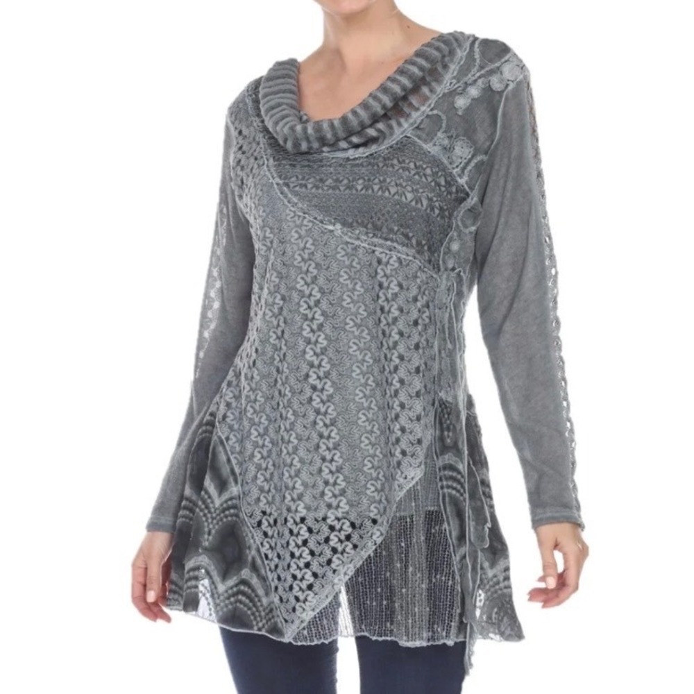 Simply‎ Couture Boho Lace Patchwork Tunic Top Sz 1XL Grey Cowl Neck Long Sleeve